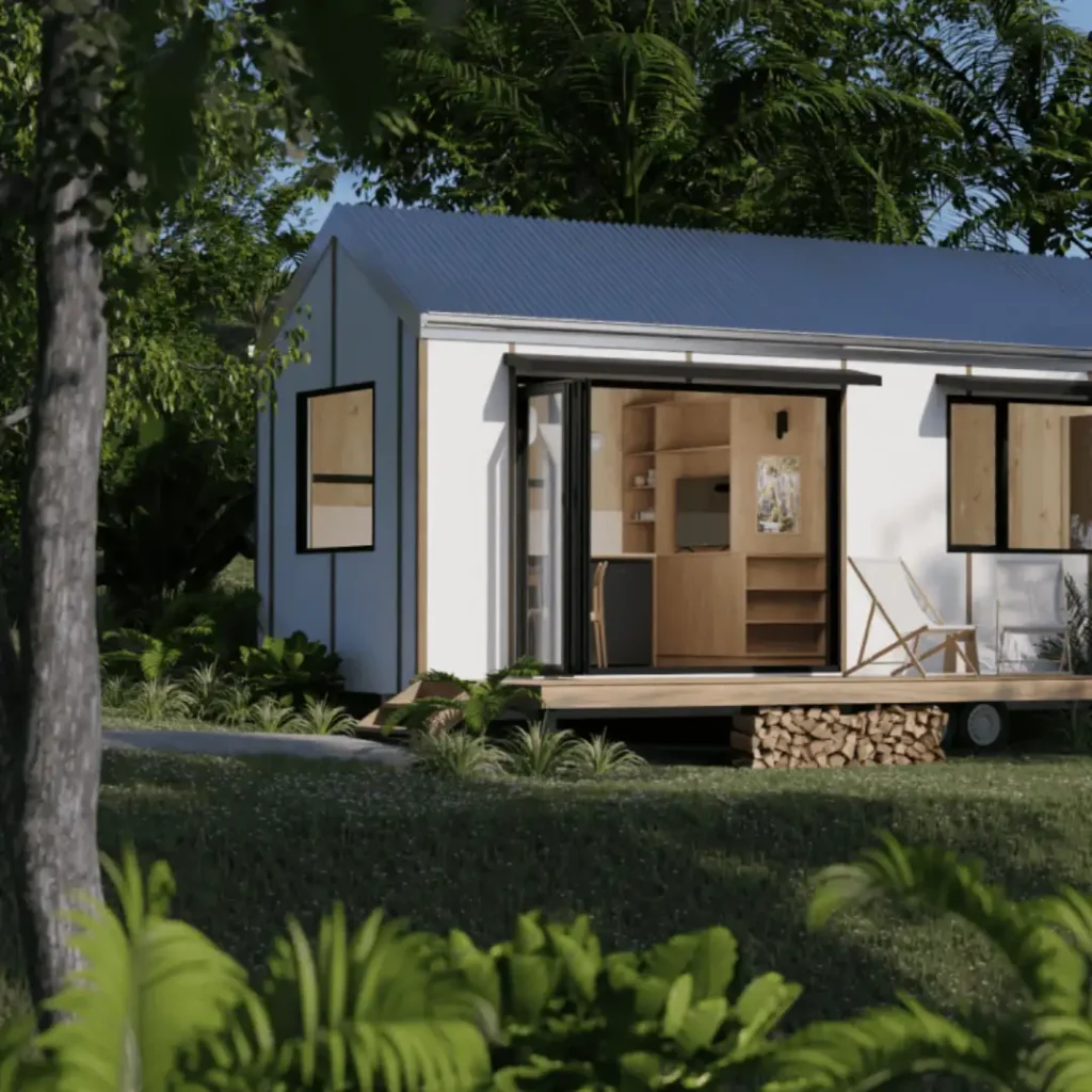 Gretti model tiny home with timber façade and wide windows.